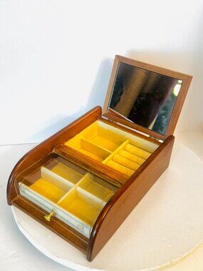 MCM London Leather Wooden Jewelry Box 9.5 Valet Case Inlaid Divided Storage